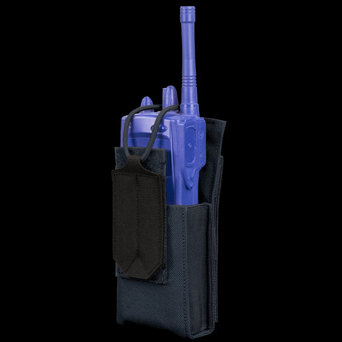The Condor Patrol Radio Pouch Gen II, shown upright against a white background, is a black fabric holster with an adjustable strap—ideal for EDC or military use.
